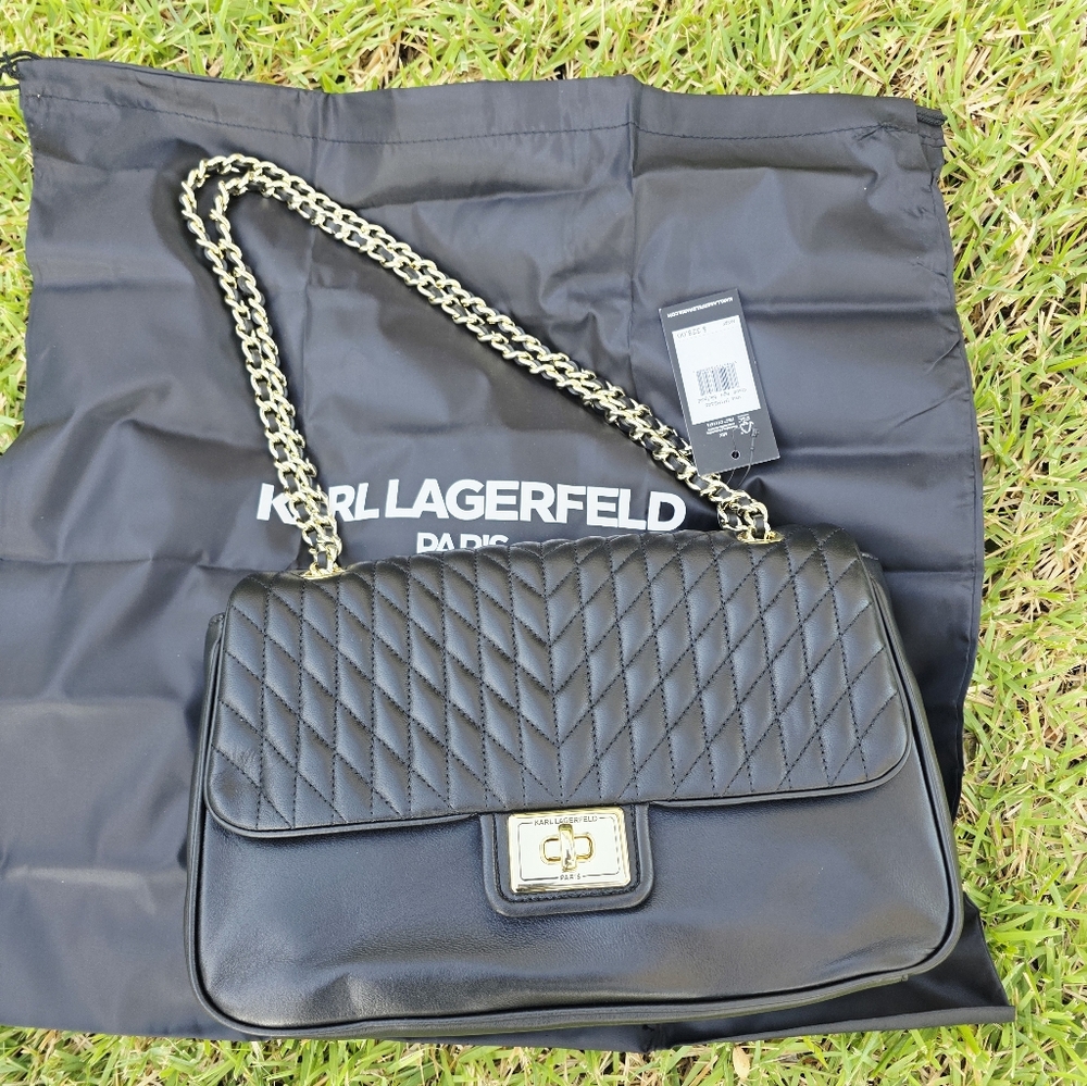 Karl Lagerfeld Black Quilted Shoulder Bag with Gold Chain